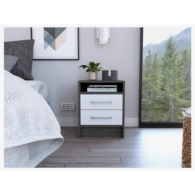 Table de chevet compacte Eter avec deux tiroirs et une tablette, rangement de chevet minimaliste