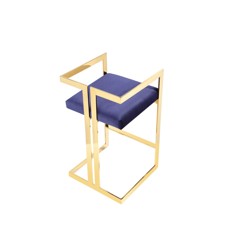 Upholstered Counter Stool with Metal Frame, Gold, Navy Velvet