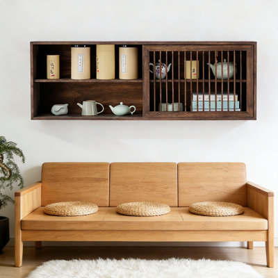 Tablette de rangement murale en bois massif à double couche de 47,24 po de style chinois, vitrine, vitrine. Convient pour le bureau, le salon et la salle à manger