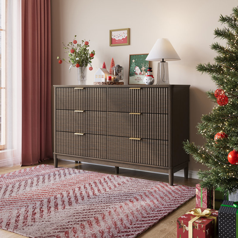 Soren  Fluted 6-Drawer Dresser with Solid Wood Legs, Dark Brown