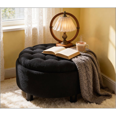 Repose-pieds de rangement rond en tissu touffeté de 25 pouces avec plateau pour salon, chambre à coucher