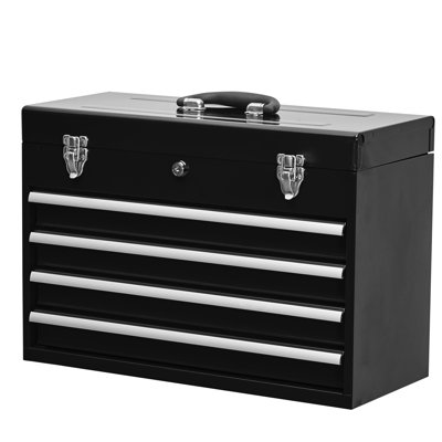 Portable Metal Tool Chest - 4 Drawers With Liners For Protection Black Secure Latch Closure Tools