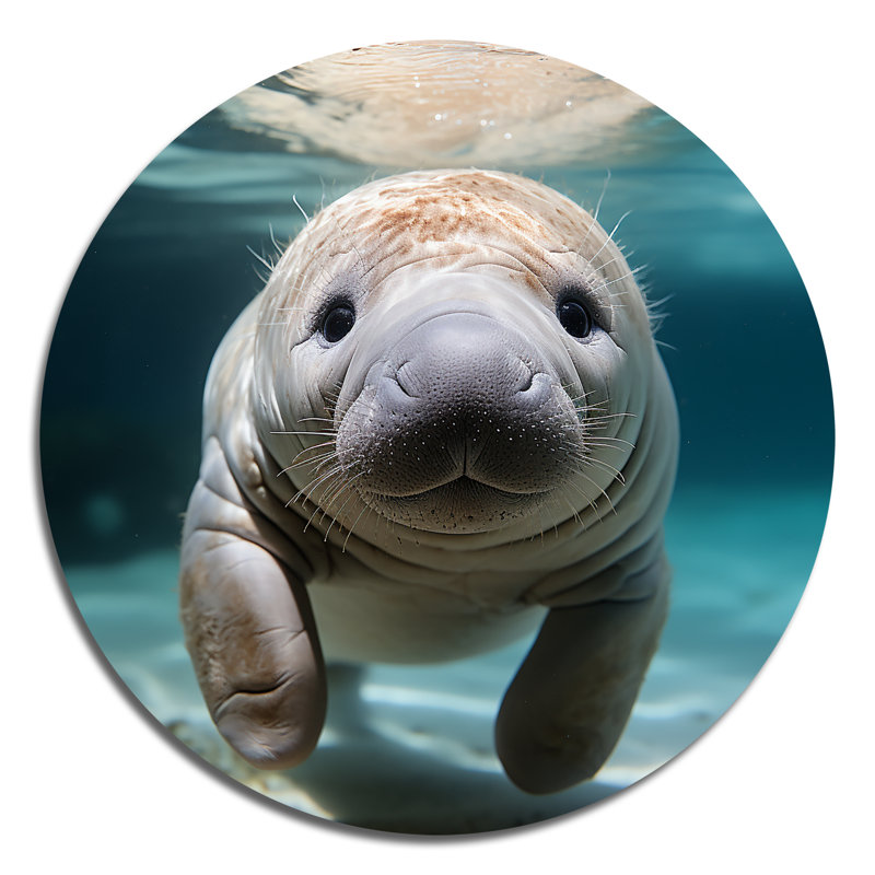 Curious Manatee Gaze III - animaux, art rond en métal, H 23 po x l 23 po