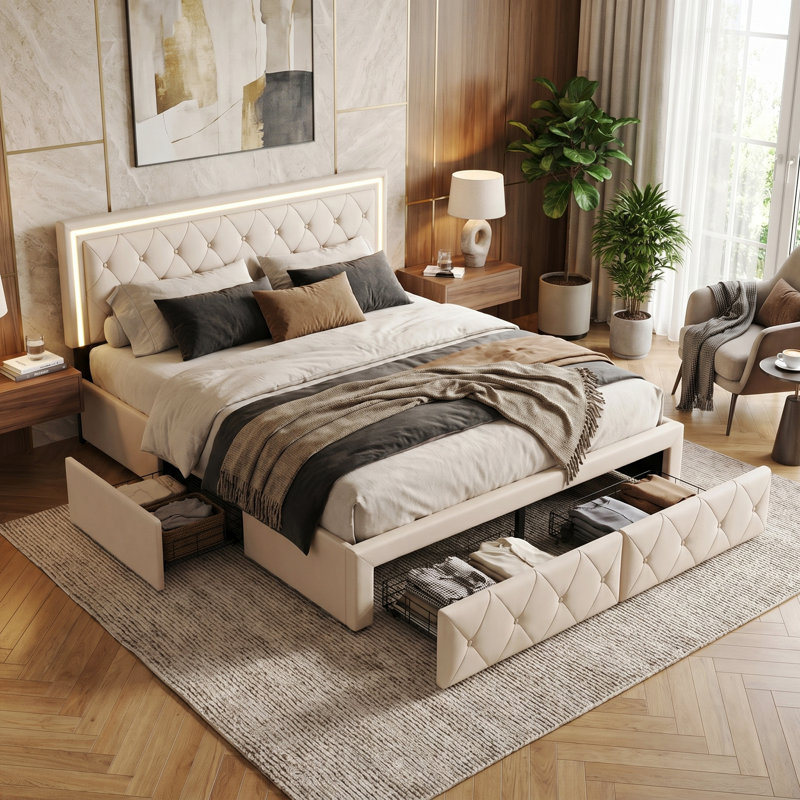 EU Double & King PU Storage Bed With 4 Drawers & LED Headboard, Faux Leather Upholstered Frame,  Beige & Grey, Beige