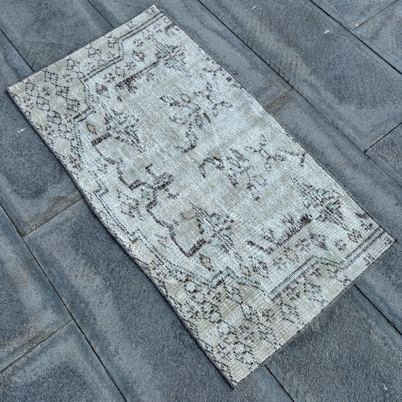 Vintage Beige Turkish Rug: Small and Antique with Rustic Distressed Design for Doorway Decor