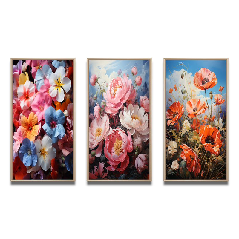 «Meadow Prairie Primrose», 3 pièces sur toile, Encadré naturel, H 32 po x l 48 po