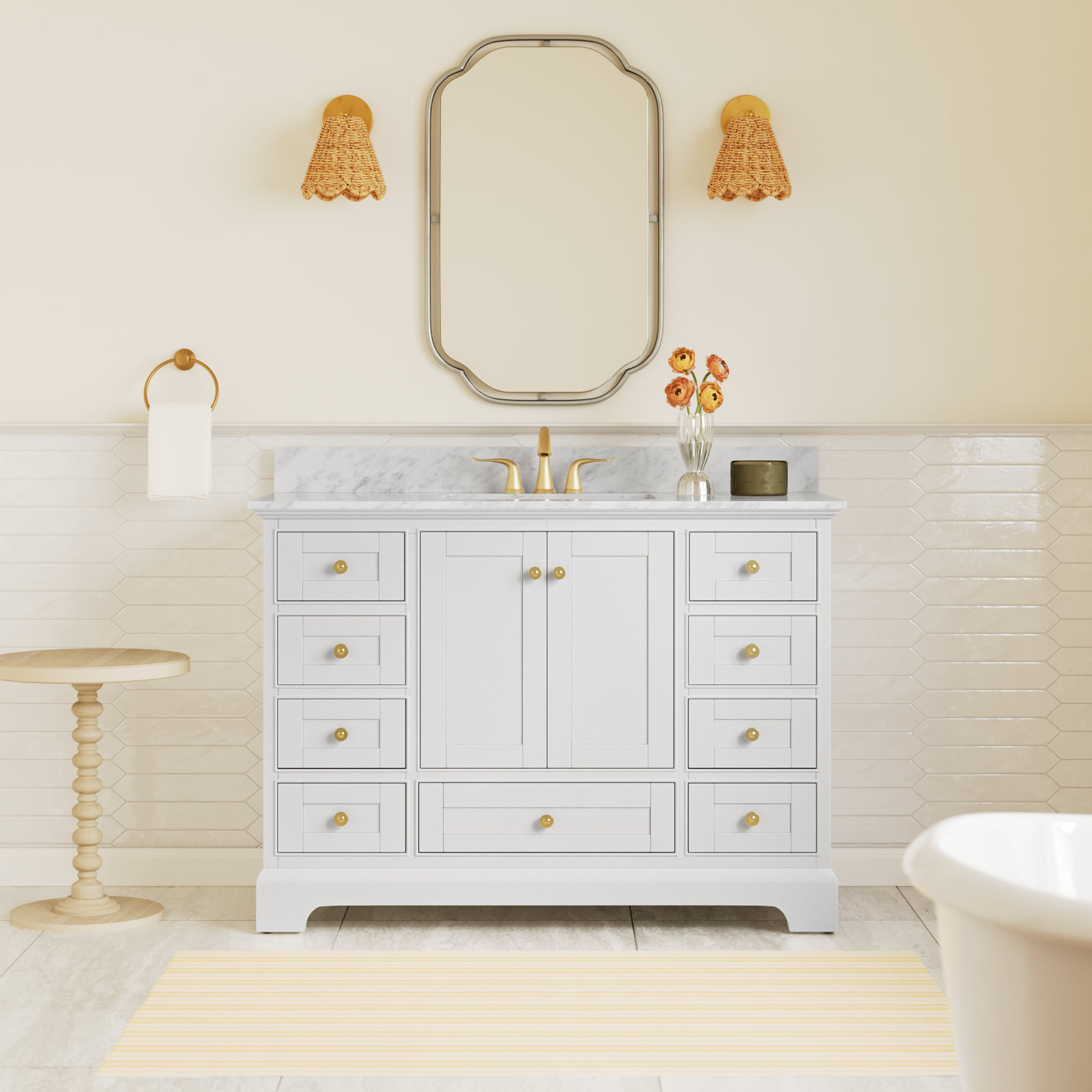 Varna 48'' Single Bathroom Vanity, White/Brushed Gold, Carrara White Marble