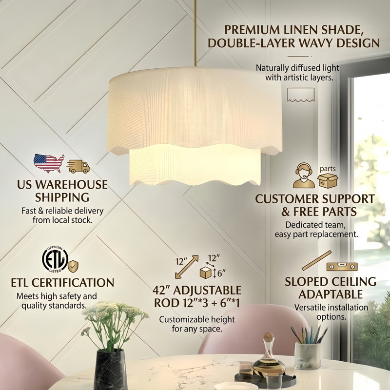 3-Light 20” Polished Brass & White Modern Farmhouse Drum Chandelier Light with Adjustable Height for Dining Room.