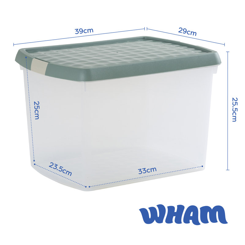 Wham Clip 21.5L Rectangular Plastic Storage Boxes with Secure Clip Lock Lids. L:39 x W:29 x H:25.5cm Clear/Stone/Slate Grey
