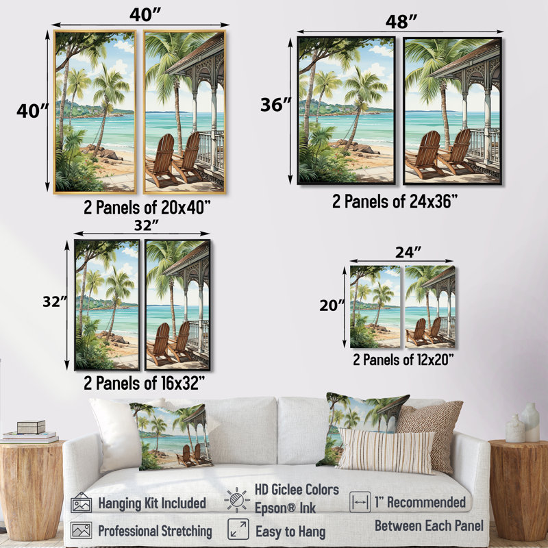 «Island Serenity Chairs By The Beach - Green Coastal Wall Art», 2 pièces, H 36 po x l 48 po, Toile tendue, Ne s’applique pas