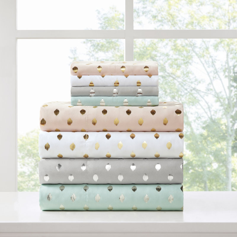 Metallic Polka Dot Printed Sheet Set, Queen Sheet Set + 1 Fitted Sheet + 2 Pillowcases, Aqua/Silver