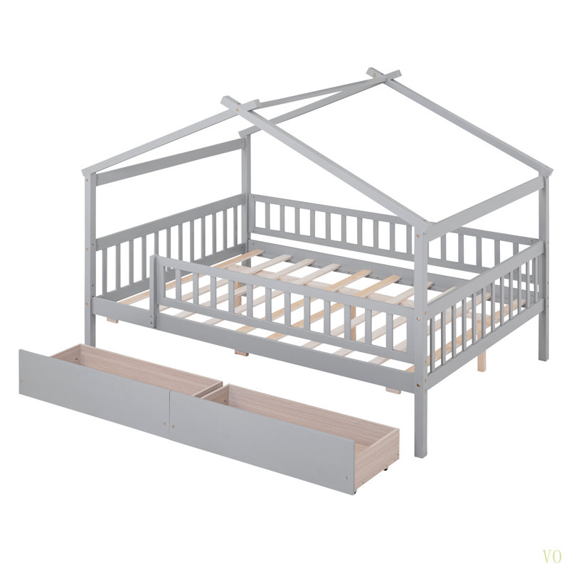 Lit double en bois avec deux tiroirs, Gris