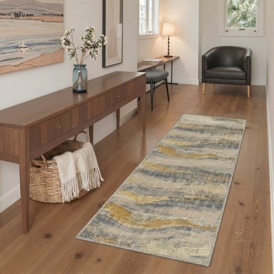 Abstract Waves Machine Washable Gilded Slate Indoor Area Rug With Non-Slip Backing