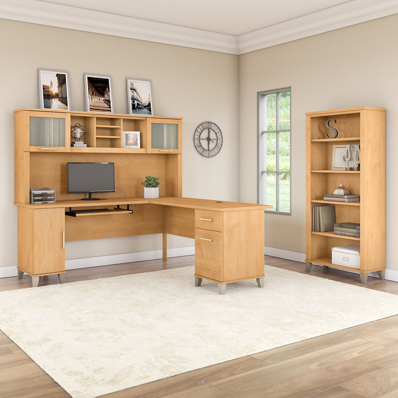 Ensemble de bureau d'ordinateur en L 3 pièces avec rehausse Magomed, Croix d'érable