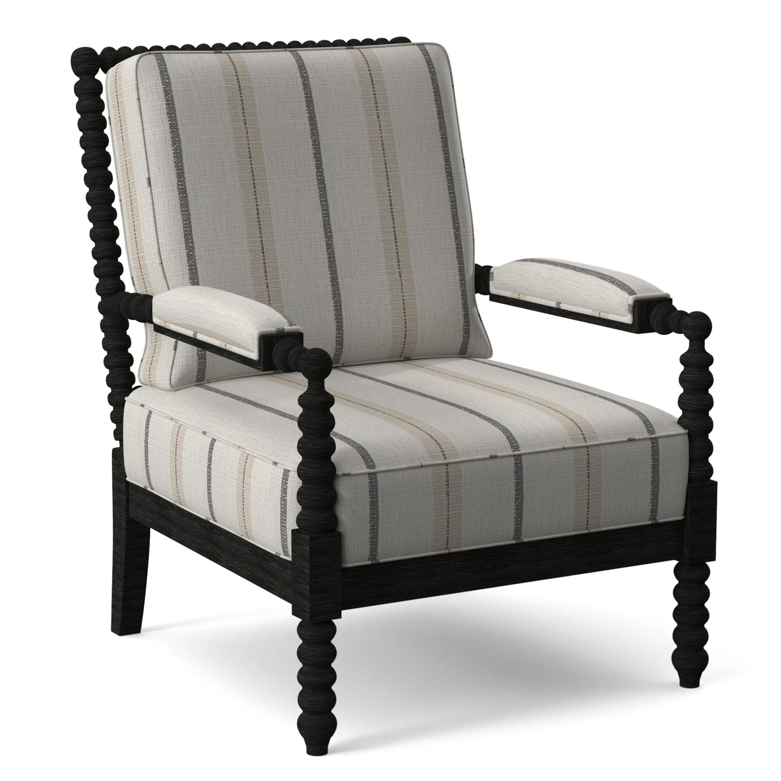 Jamilla Armchair, Antique Black Finish, Light Blue and White Stripe; 0256-54