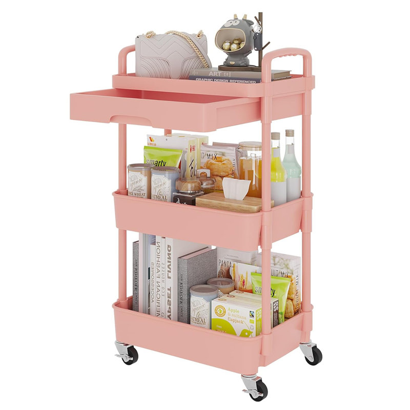 Pink Metal 3-Tier Rolling Utility Cart with Drawer