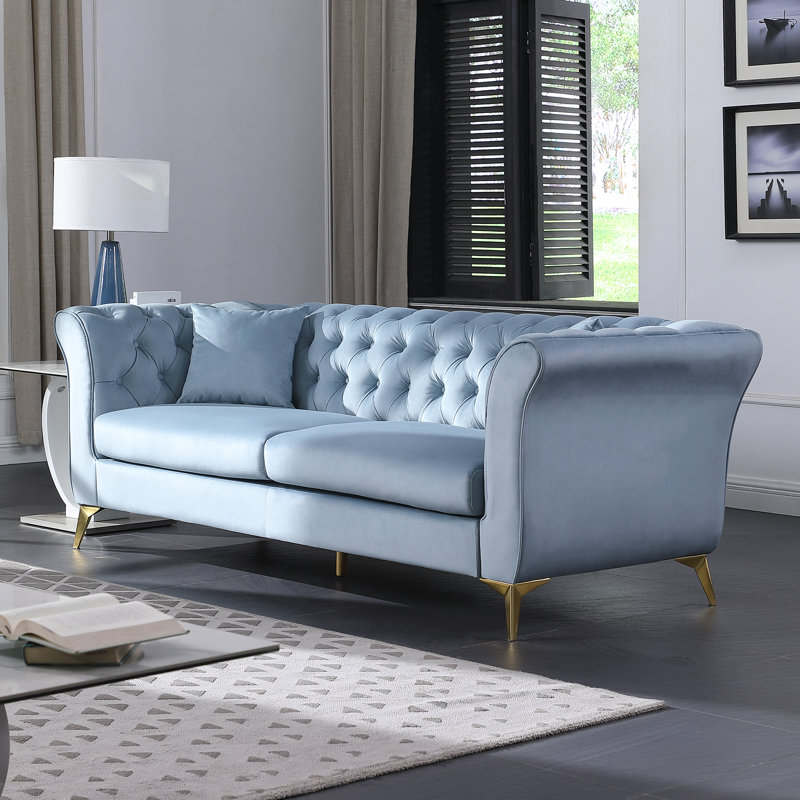 87" Oro Chesterfield Sofa with Flared Arms, Blue Velvet