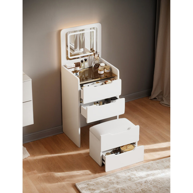 (48CM) Meuble-lavabo 3 en 1 avec miroir Plip, petit ensemble de coiffeuse avec bureau en verre visible, coiffeuse compacte avec 3 tiroirs, coiffeuse pour la chambre à coucher (COULEUR BLANC)
