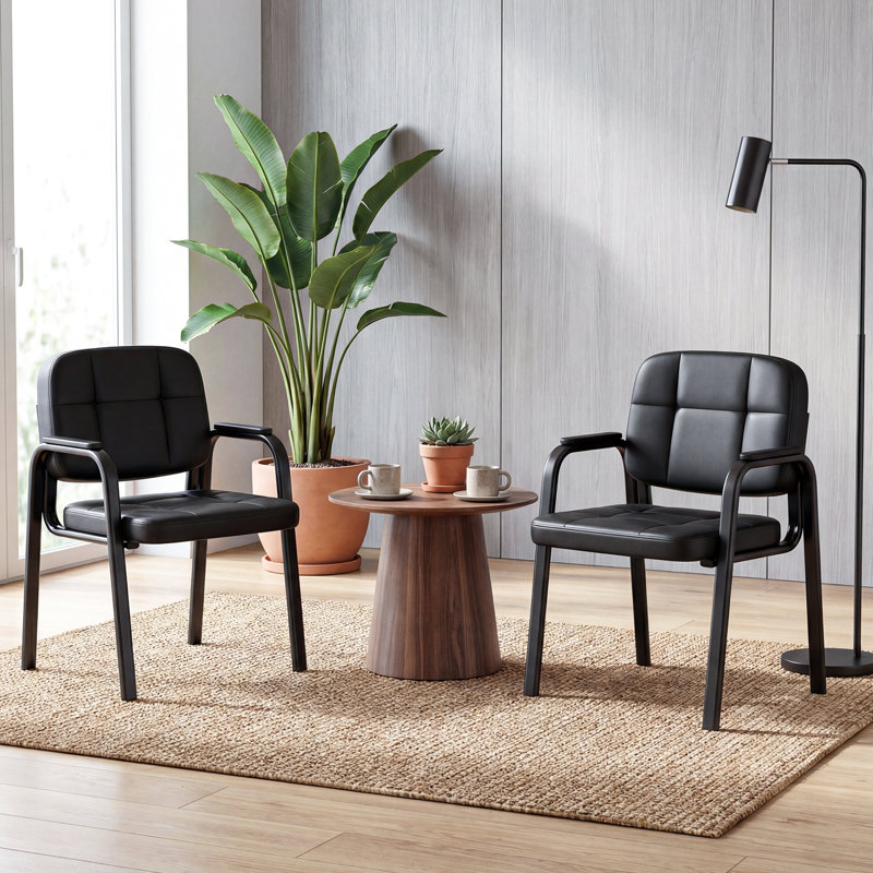 Leather Office Reception Chairs Set with Padded Armrests, Metal Frame for Home