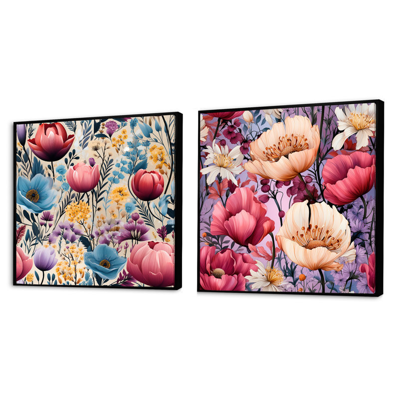 Cyprien - Ensemble de 2 collages carrés floraux, Cadre flottant noir, H 16 po x l 33 po