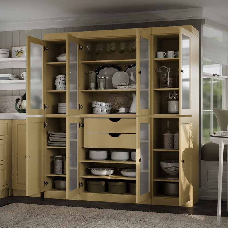 Garde-manger 100% en bois massif 65 po avec verre givré, portes Shaker, 2 tiroirs et tablettes réglables, Jaune