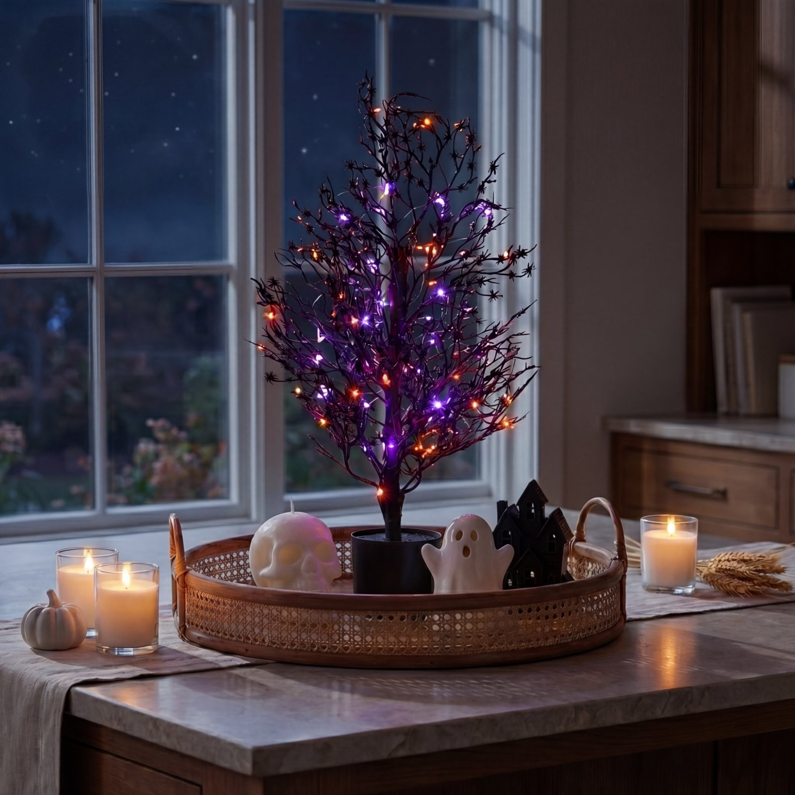 2ft. Pre-Lit Artificial Halloween Spider Twig Tree with 50 Orange & Purple LED Lights, 2ft
