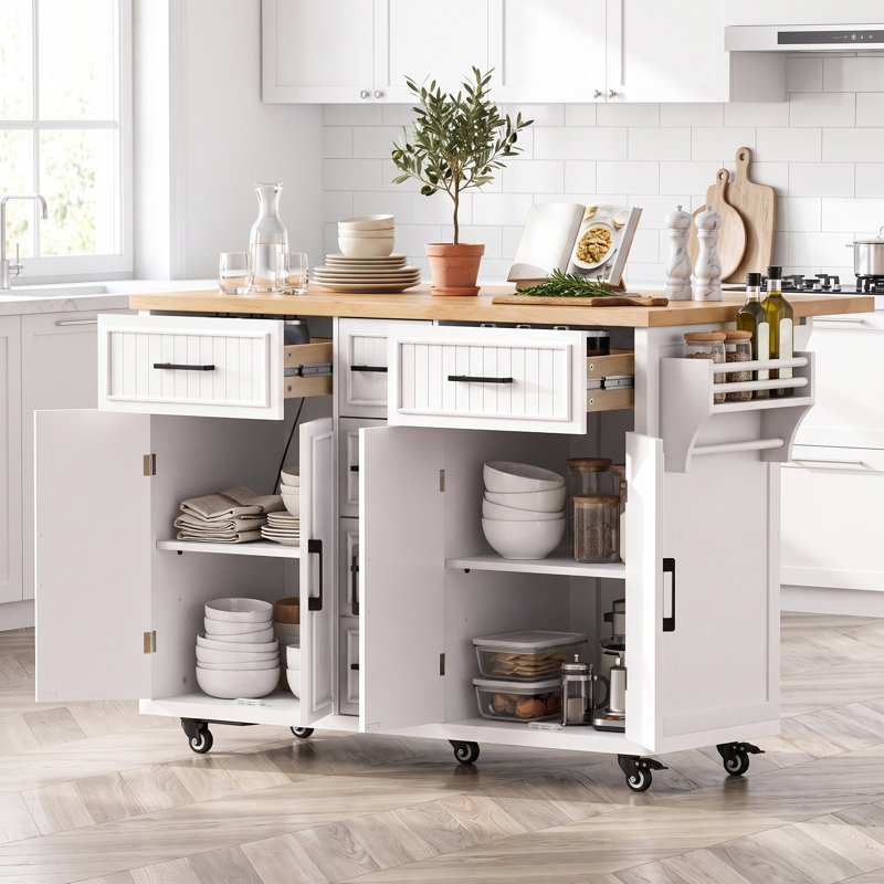 Îlot de cuisine de 143,5 cm (56,5 po) avec abattant, prise de courant, 5 tiroirs et étagères réglables, blanc, White