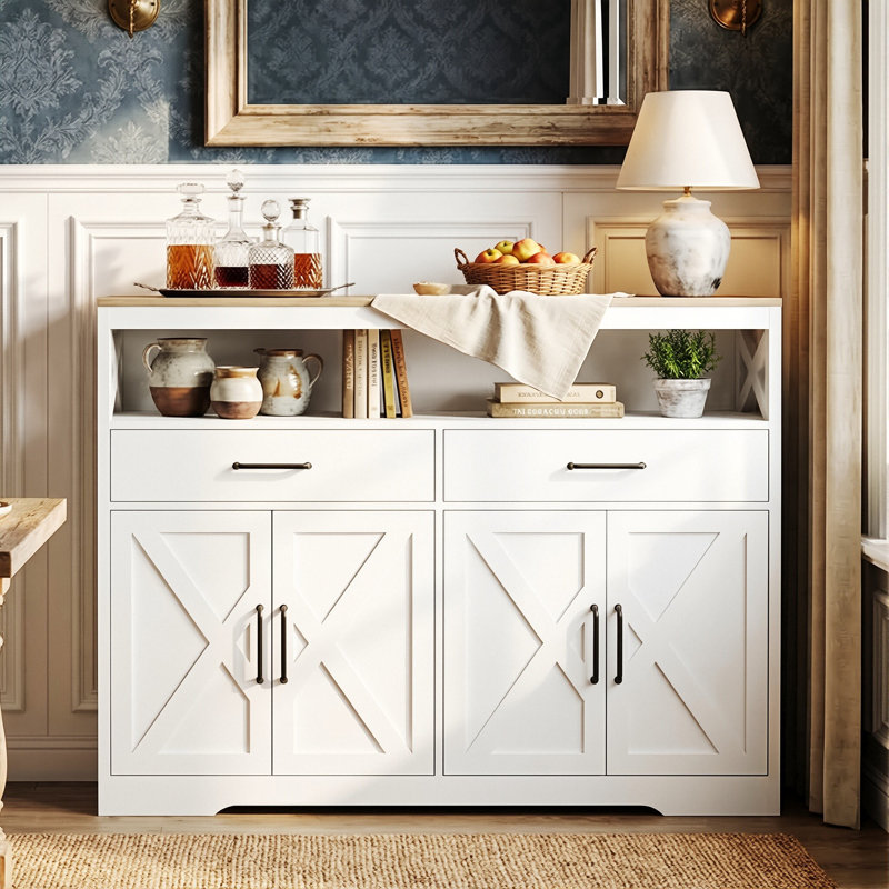 140cm Large Farmhouse Sideboard with X-Frame Design, 2 Drawers & 2-Door Cabinet, Scandinavian Kitchen Storage Console,  White & Oak