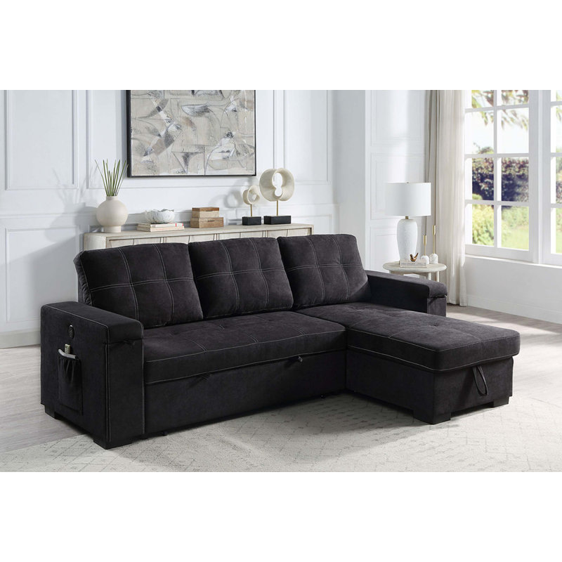 Canapé-lit modulaire réversible en tissu tissé l 95 po avec porte-gobelet de rangement et poches, Tissu noir