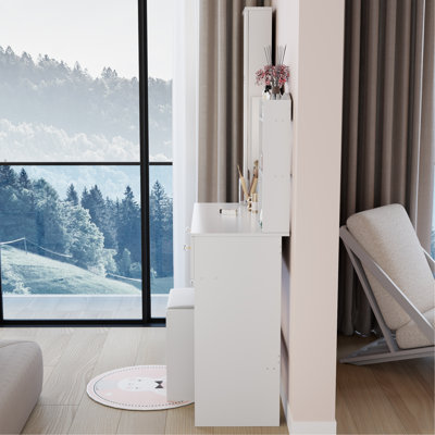 Full Body Mirror Cabinet + Round Mirror LED Vanity Table + Cushioned Stool, 17" diameter LED Mirror, Touch Control, 3-color, Brightness adjustable, Large Desktop, Multi-layer High Capacity Storage