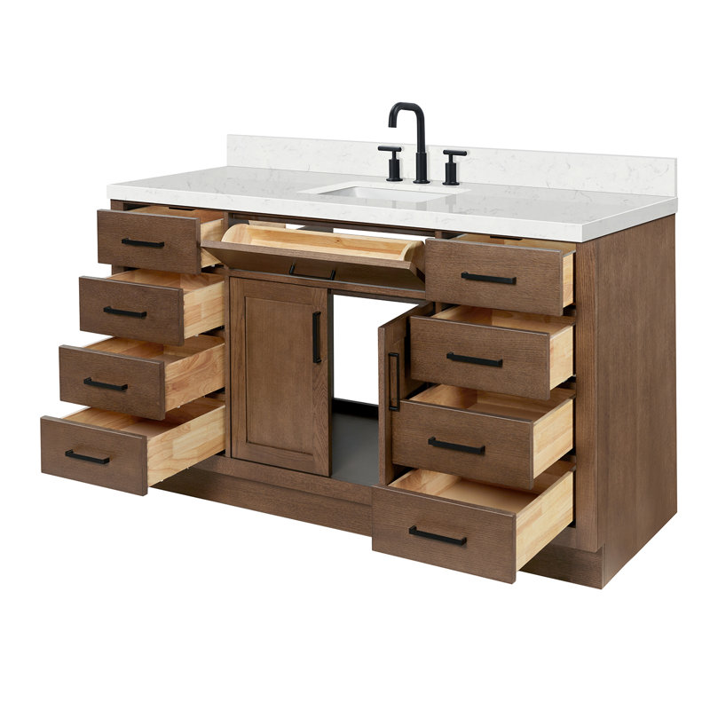 Ensemble de meuble-lavabo simple en bois massif avec plateau en quartz Carrara de 1,5 po Thornaby, Forme rectangulaire