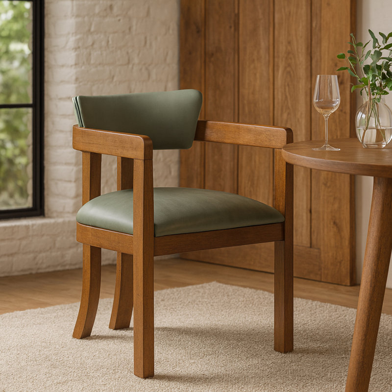 Chaise rembourrée en cuir Phalan, Cuir olive végétalien, Noyer teinté