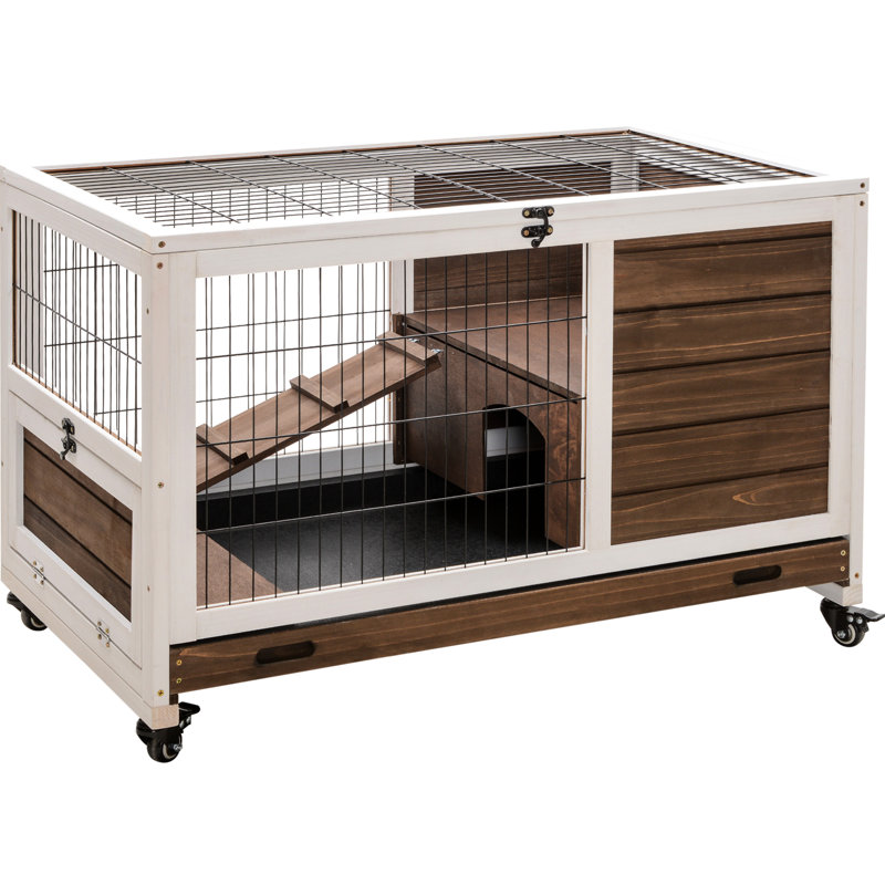 Elevated Rabbit Cage, With Solid Wood And No Leak Tray, Easy To Clean, Brown For Pets Wooden Protective Painting Roof, Small