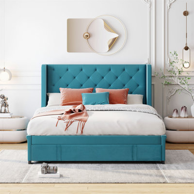 Queen Size Velvet Platform Bed With A Big Drawer