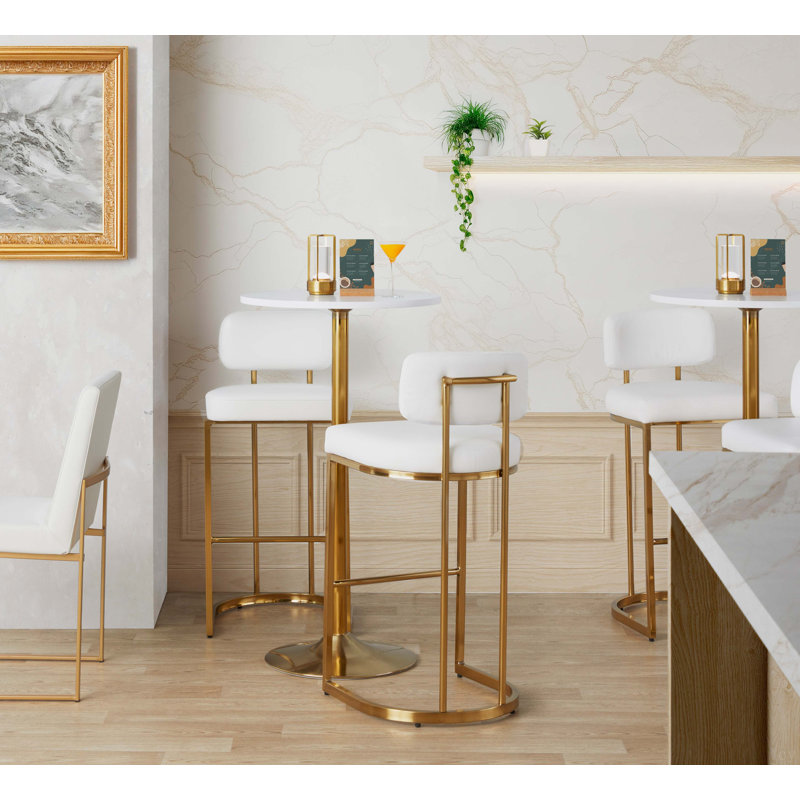Tabouret de comptoir moderne à hauteur fixe en métal et similicuir - ensemble de 2, Lindquist, Blanc, Doré