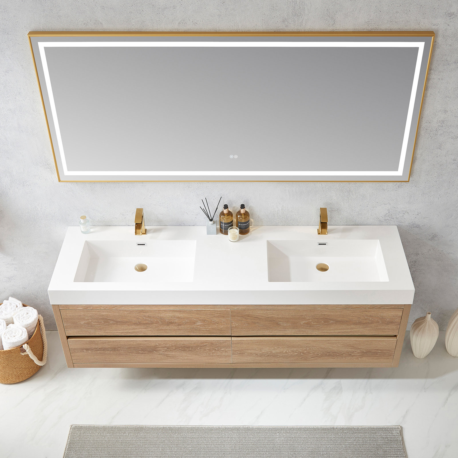 Vali 71.7'' Double Bathroom Vanity, North American Oak Finish/White Top 