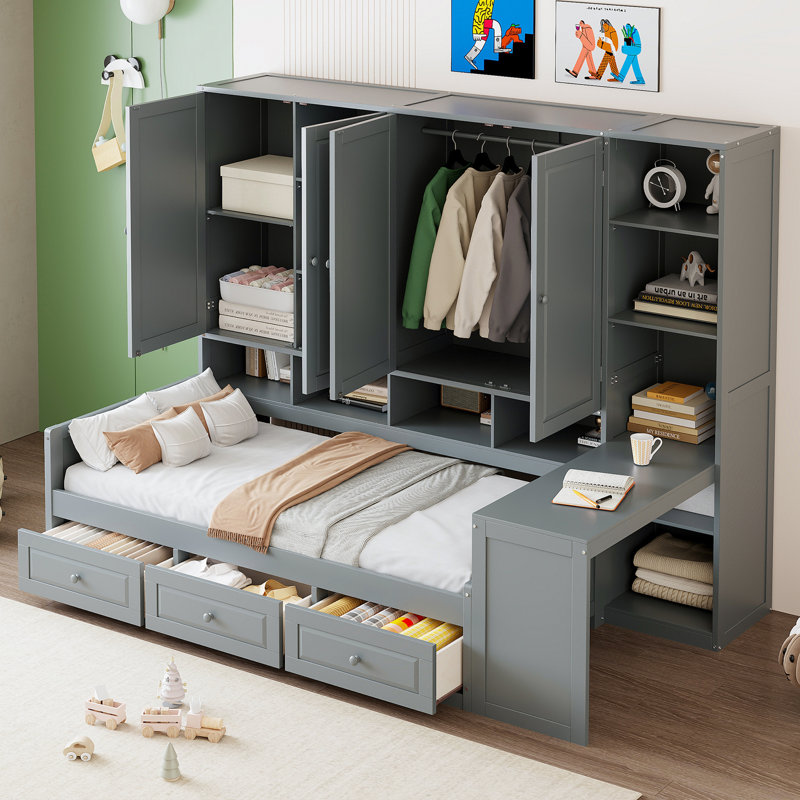 Wooden Daybed With Three Drawers, And All-In-One Cabinet, Desk And Shelves, Gray, Twin