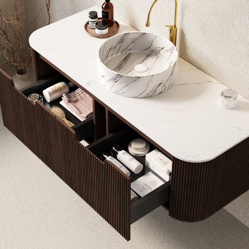 Meuble-lavabo 48 po, lavabo rond en céramique blanche, motif de pierre, noyer foncé, 2 tiroirs, système de fermeture en douceur, rangement généreux, meuble-lavabo à installation facile avec lavabo, finition, pré-assemblé, fermeture,