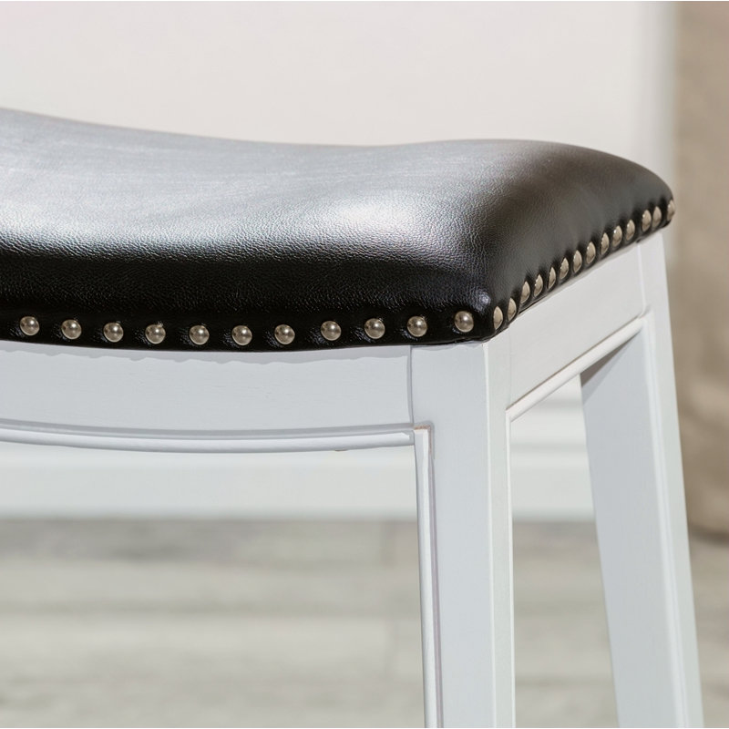 Tabouret de comptoir 24 po, siège en cuir blanc, Blanc, Noir