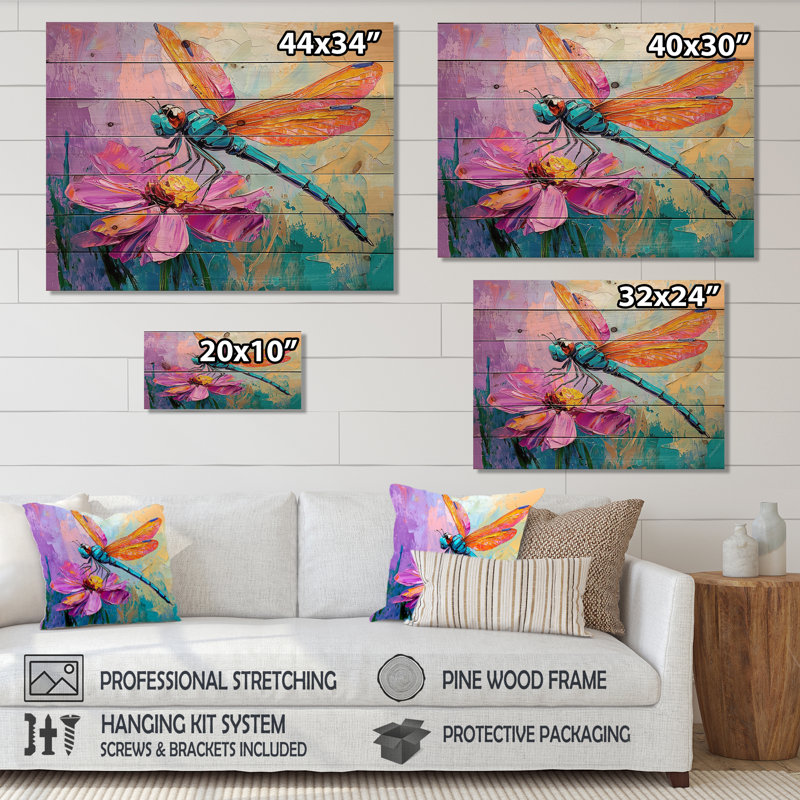 Libellule sur une fleur I - art mural moderne en bois sur bois de pin naturel, H 24 po x l 32 po