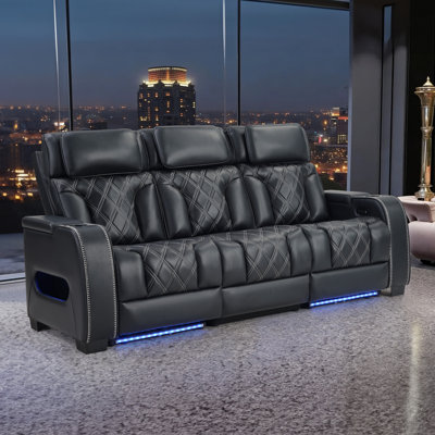 84" Wide Top Leather Power Reclining Sofa With Adjustable Headrest, And Ambient Arm Lighting