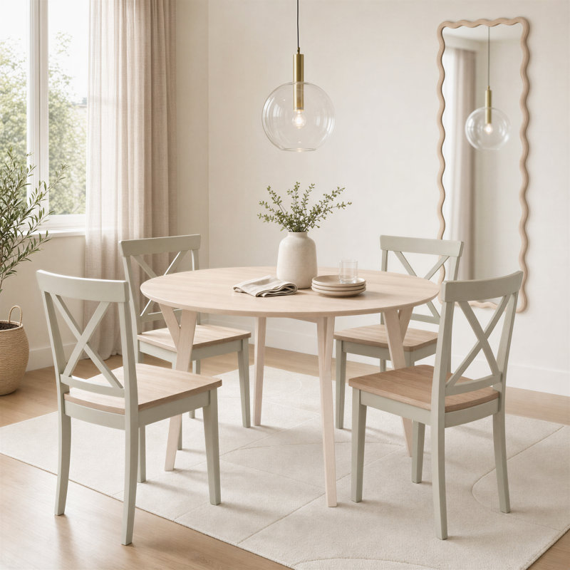 Bevyn Round Whitewashed Wood Dining Table & 4 Shannondale Chairs - Rustic Farmhouse Kitchen Style