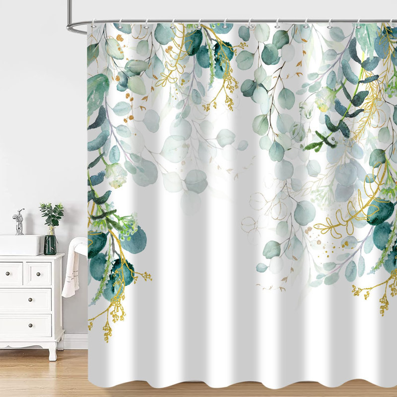 1PC Sage Green Leaf Plant Waterproof Bathtub Curtains with Hooks, 182.88cm H x 213.36cm W