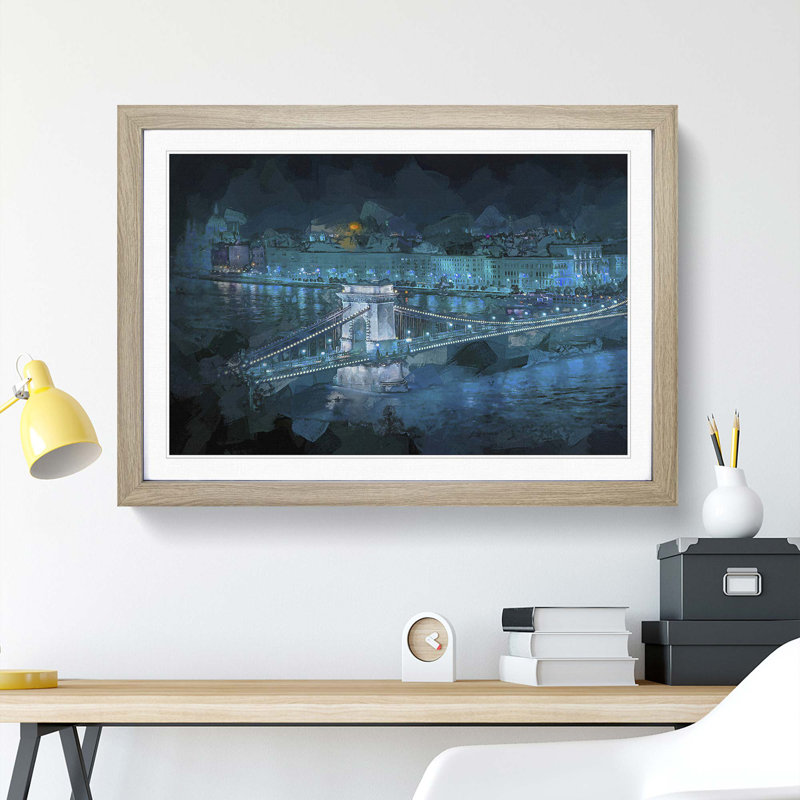 Chain Bridge in Budapest in Abstract - Picture Frame Painting Print, Oak Framed, 27cm H x 36cm W x 2cm D
