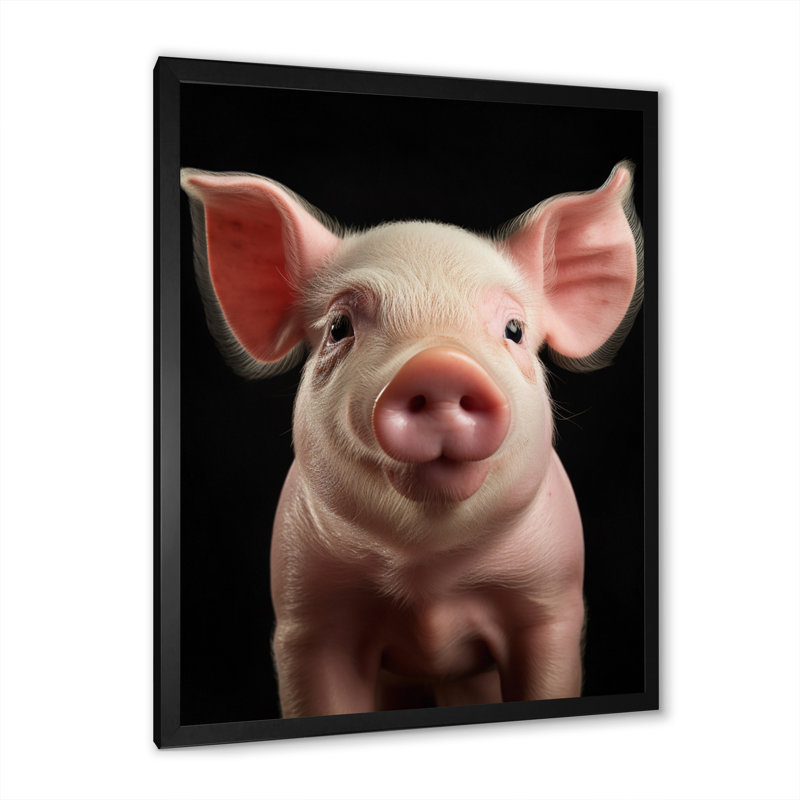 Cochon rose curieux sur toile, H 20 po x l 12 po x P 1 po, Cadre photo noir
