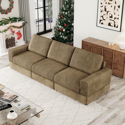 107.5''w Corduroy Modular Sectional Sofa, Comfy 3-seater Upholstered Oversized Couch With Armrests And Deep Seat, Modern Sleeper Sofa Bed For Living Room, Bedroom And Office, Green