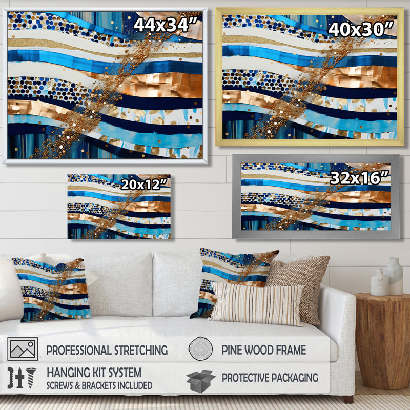 Art mural bleu étincelant - Vagues, salon, Toile tendue, H 30 po x l 40 po x P 1,5 po