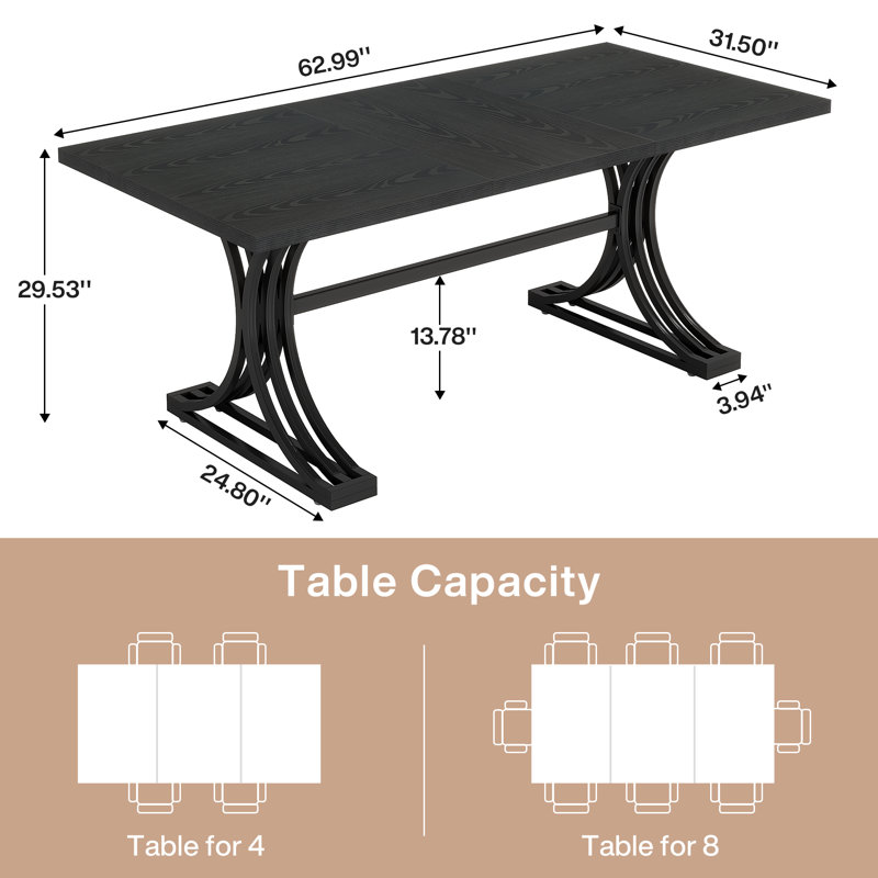 Dining Table, Rectangular, Metal Base, 63 Inch, Black, Black
