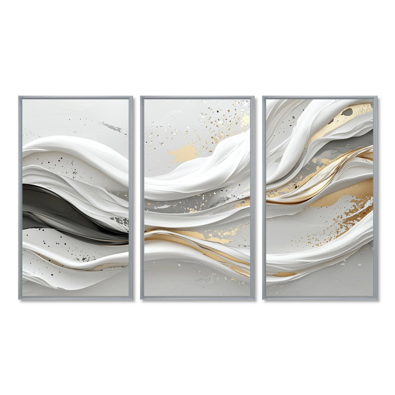 «White Ripples Of Stone I - Abstract Modern Waves», ensemble de reproduction d'art mural, Toile avec cadre flottant noir
