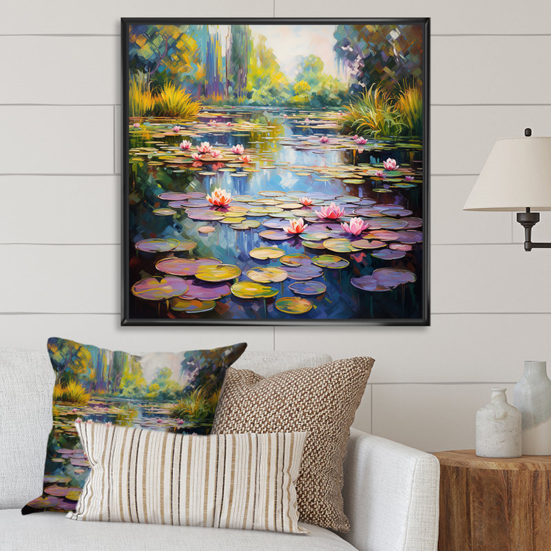 Art mural bleu et vert Monets Lake Reflections 4 - Lake, Cadre flottant noir, 30" H x 30" W